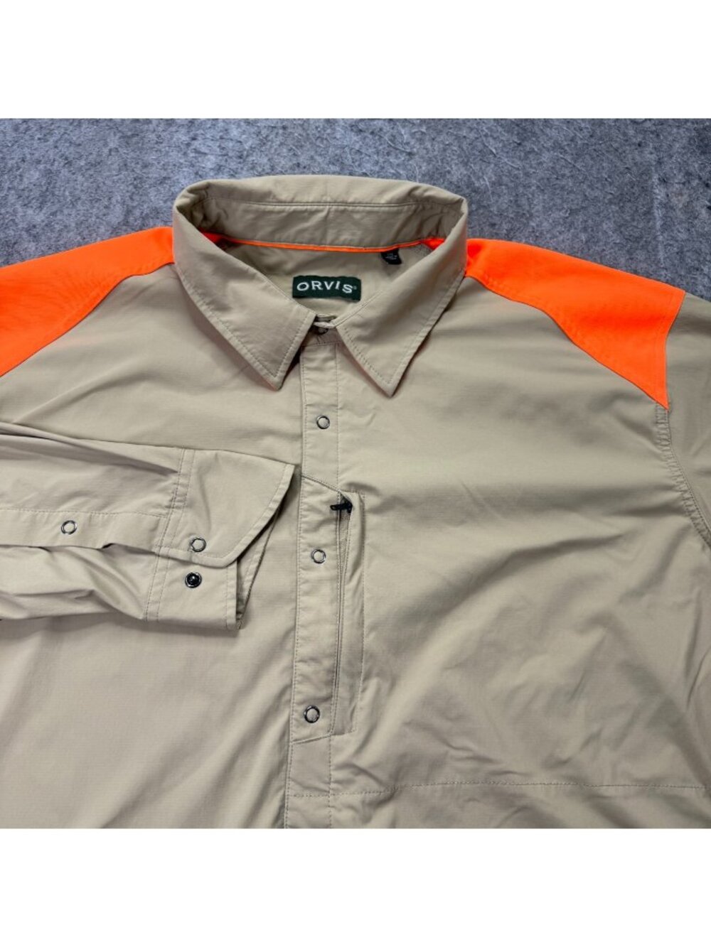 Orvis Shooting Shirt Men 2XL Beige Hunting Snap Orange Reflective Long Sleeve